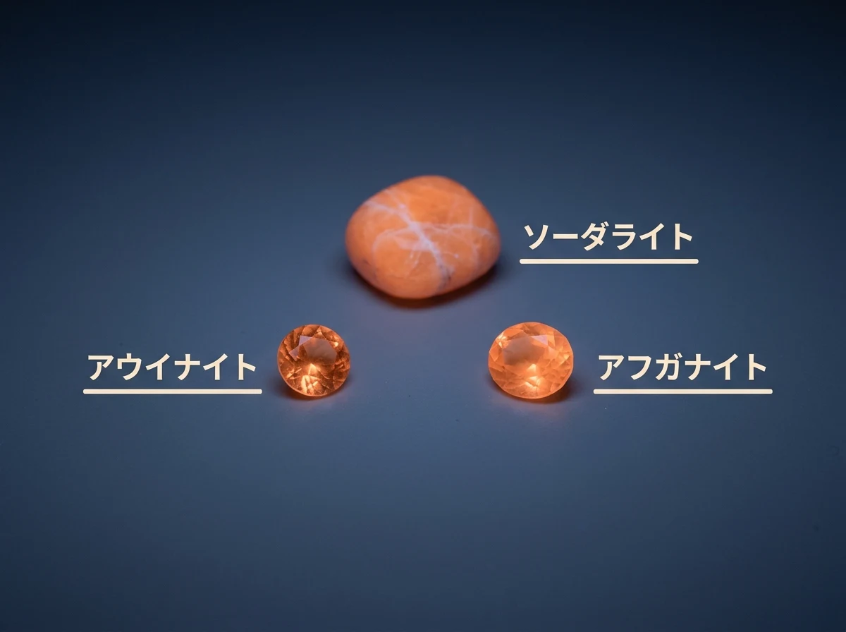 紫外線を当てた3つの青い石がどれも同じようにオレンジに光っている写真
