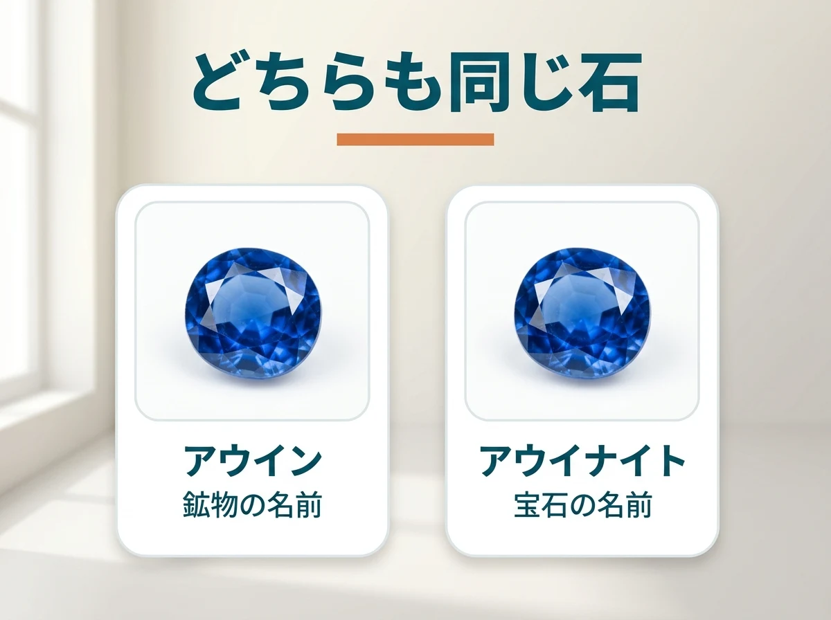 アウインとアウイナイトが同じ石の鉱物名と宝石名であることを示した図
