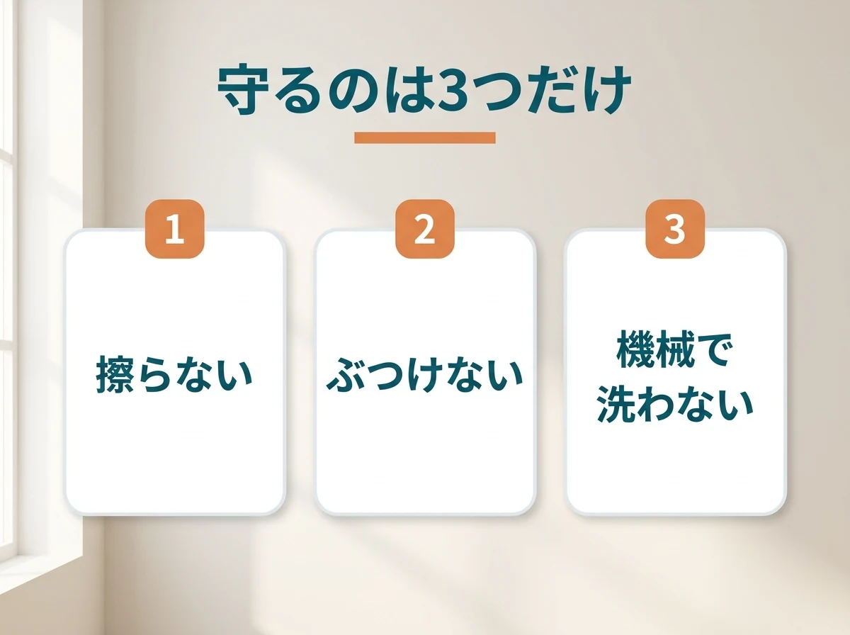 擦らない・ぶつけない・機械で洗わないの3つを示した図