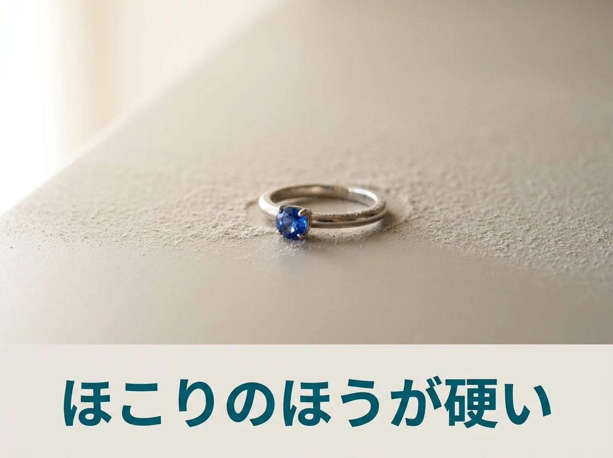 うっすらほこりが積もった面に置かれた青いアウイナイトのリング