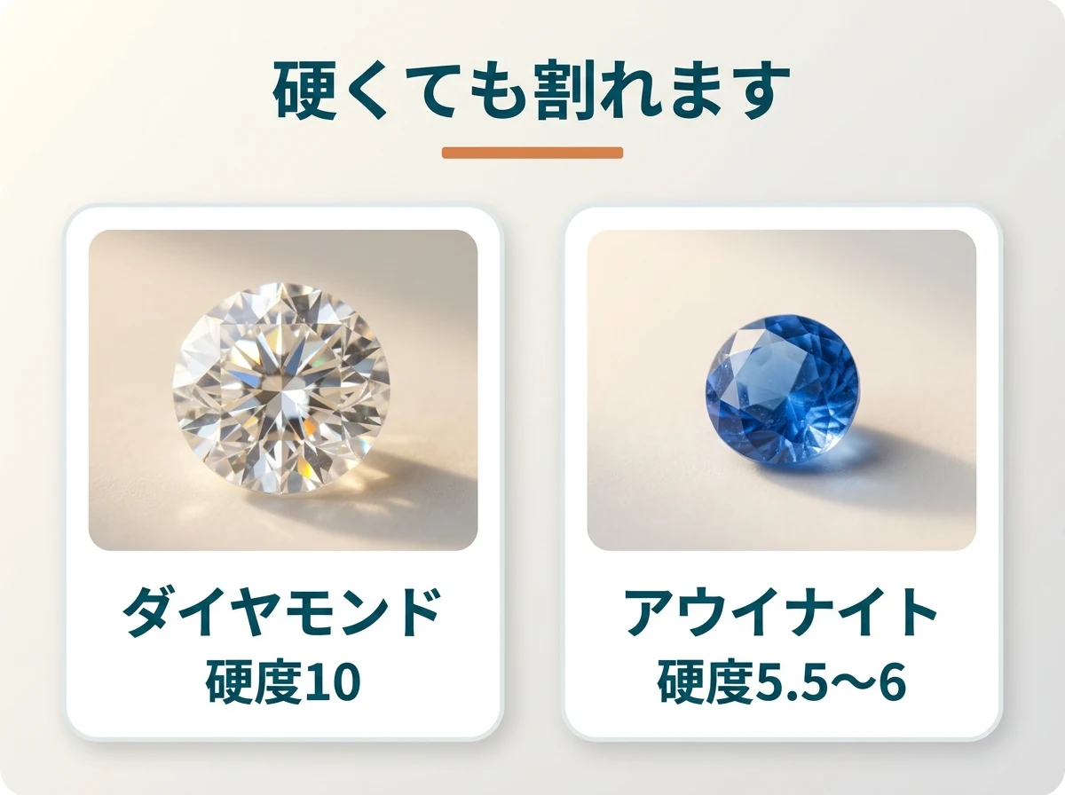 硬度10のダイヤモンドも割れることを示した比較図