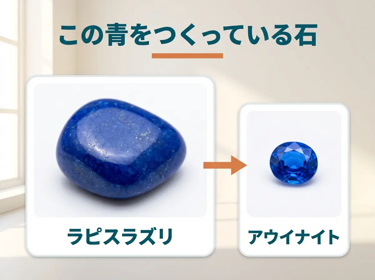 大きなラピスラズリと、その青をつくっている小さなアウイナイトの関係を示した図
