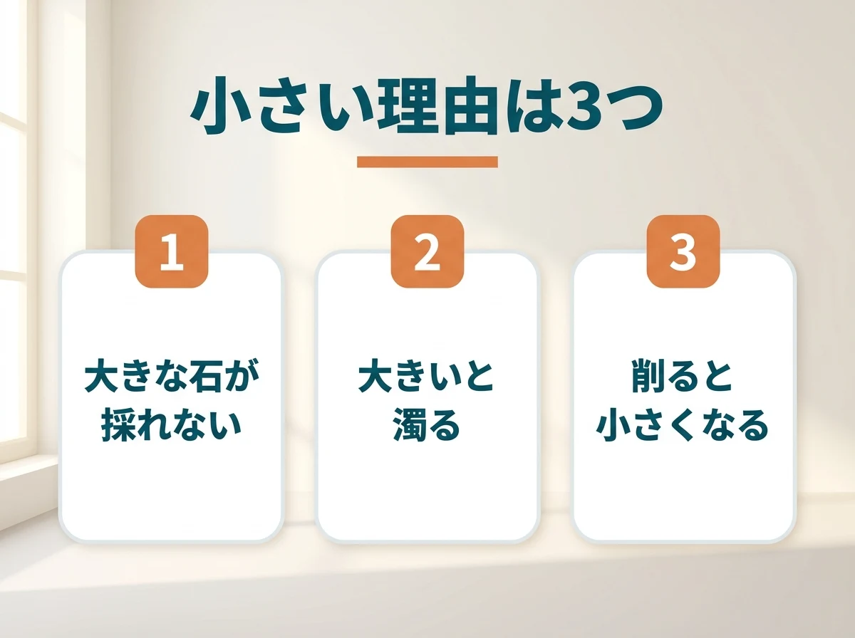 アウイナイトが小さい石ばかりである3つの理由を示した図