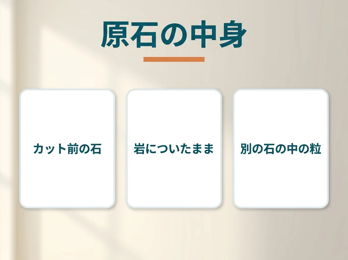原石と書かれているものが3つの異なる状態を指していることを示した図