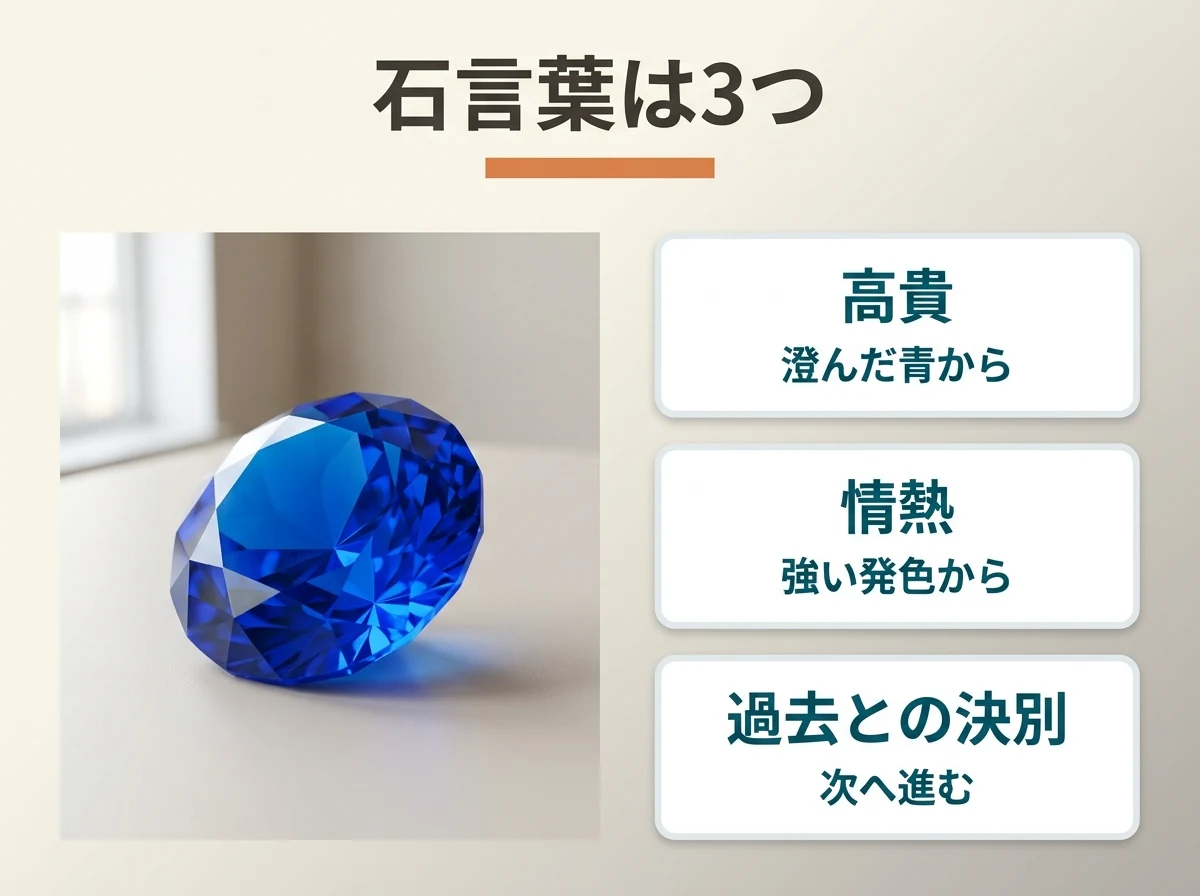 アウイナイトの石言葉3つと、それぞれの意味を添えた図