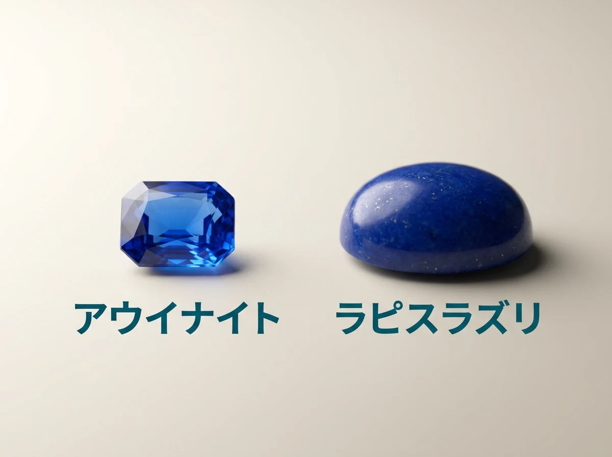 透明な青いアウイナイトと不透明なラピスラズリを並べた写真