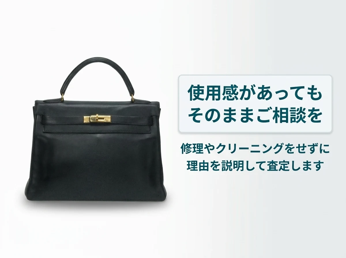 使用感があるエルメスのバッグもそのままご相談を。修理やクリーニングをせずに理由を説明して査定します