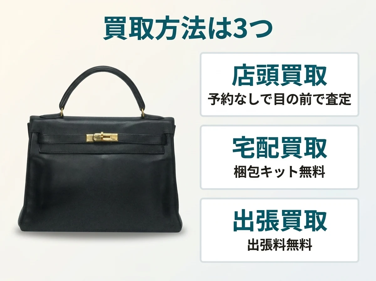 エルメスのバッグの買取方法は、店頭買取・宅配買取・出張買取の3つから選べます