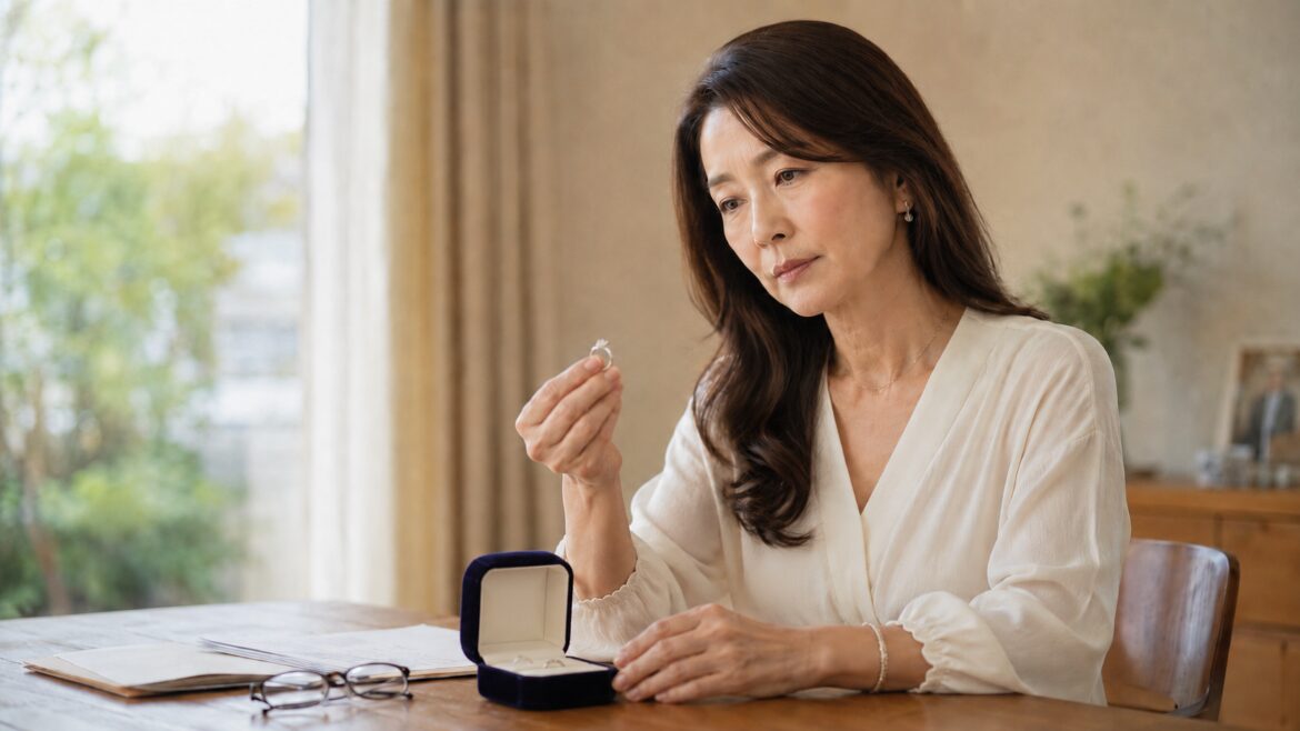 窓辺のテーブルで、開いた紺色のリングケースから指輪を取り出して眺める女性。手前に書類と眼鏡が置かれている