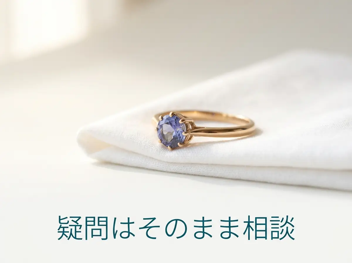 布の上に置かれた小粒のアイオライトの指輪