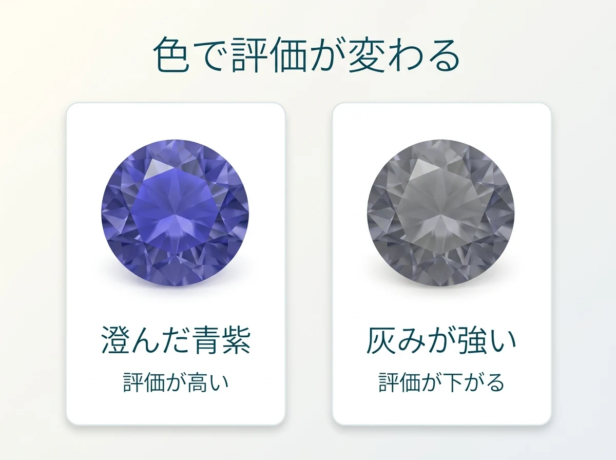 澄んだ青紫と灰みの強いアイオライトを並べた比較図