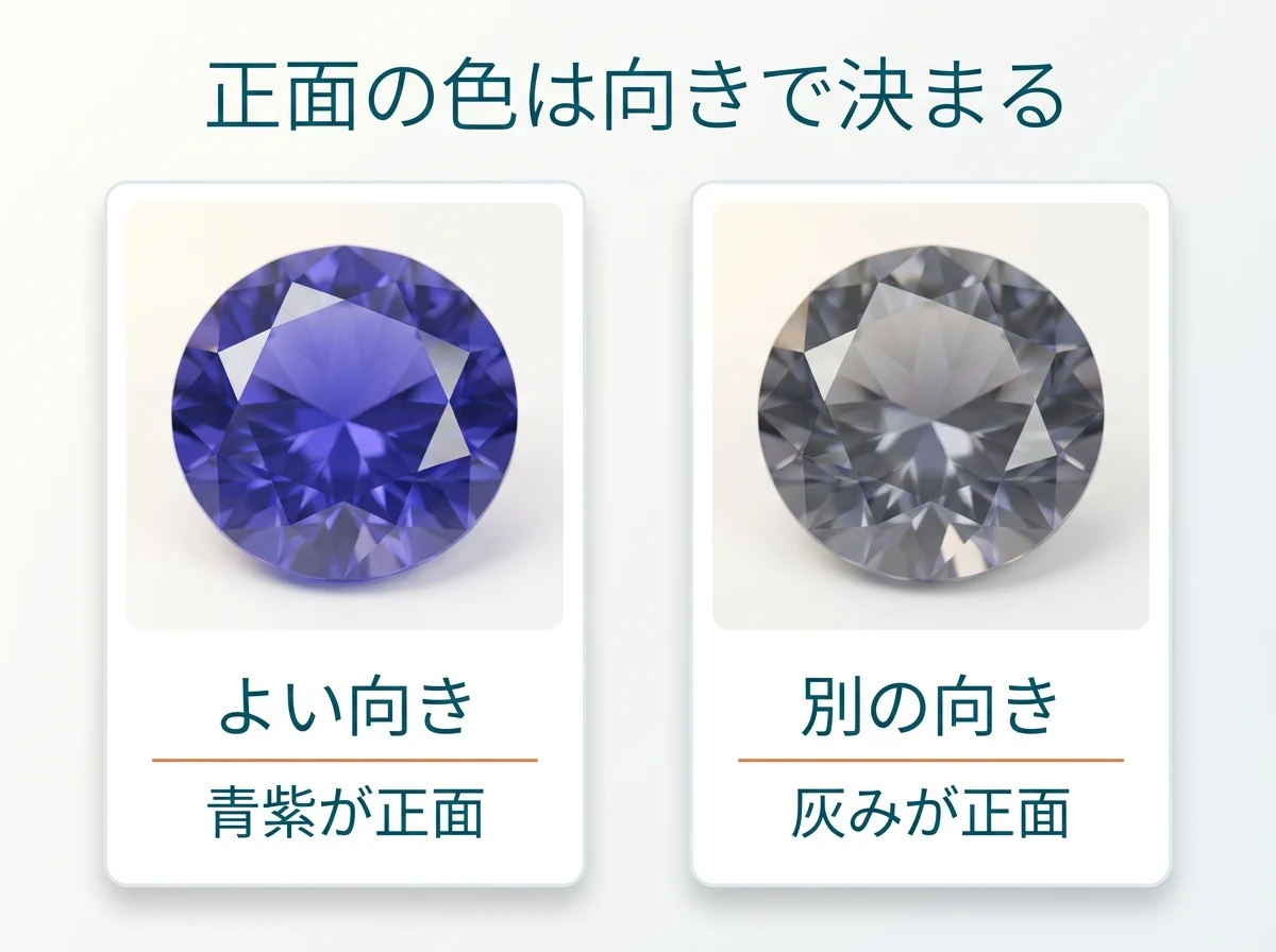 向きの取り方で正面の色が違うことを示した比較図