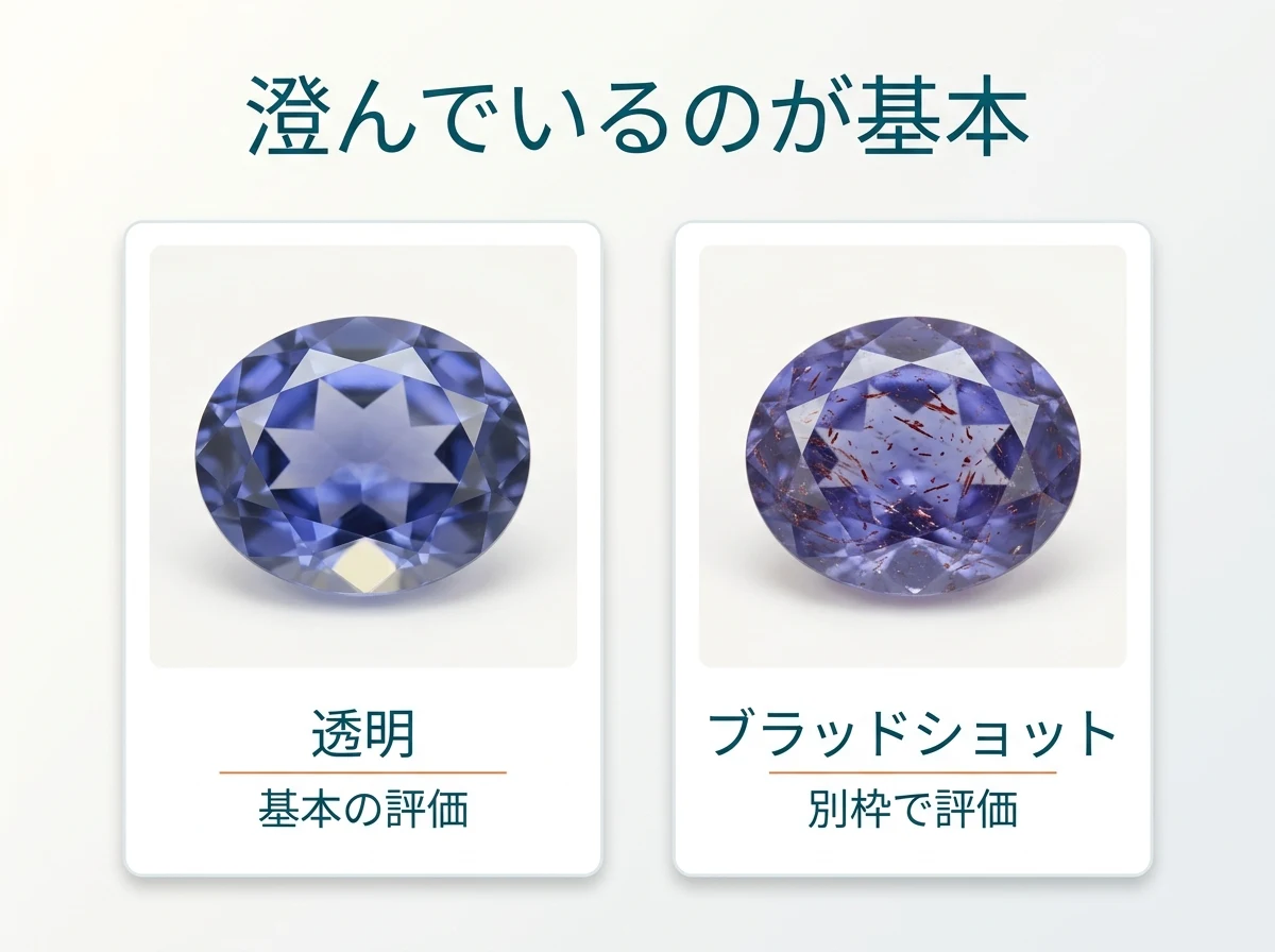澄んだアイオライトとブラッドショットアイオライトを並べた比較図