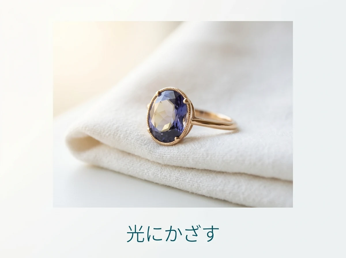 窓辺で青紫の石の指輪を光にかざしている場面