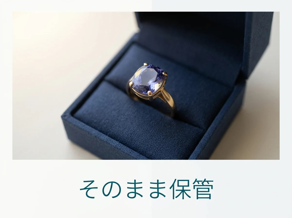 青紫の石の指輪をそのまま箱に保管している場面