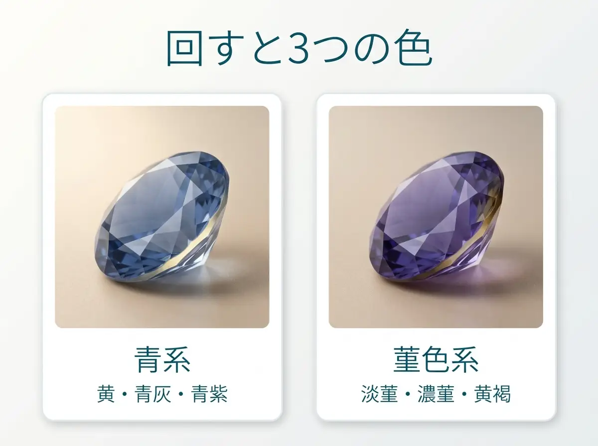 青系と菫色系のアイオライトで見える色を並べた比較図