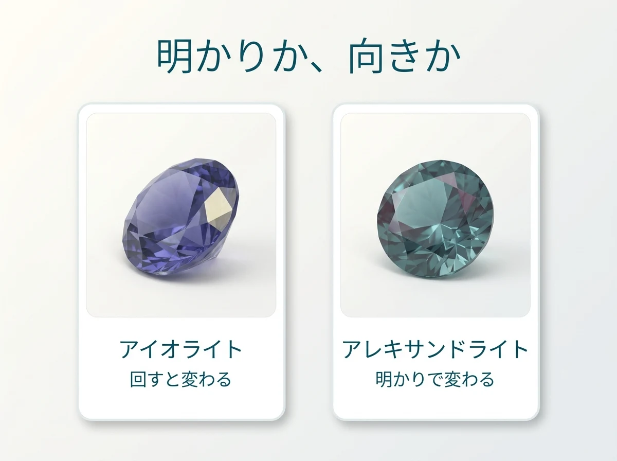 アイオライトとアレキサンドライトの色の変わり方を並べた比較図