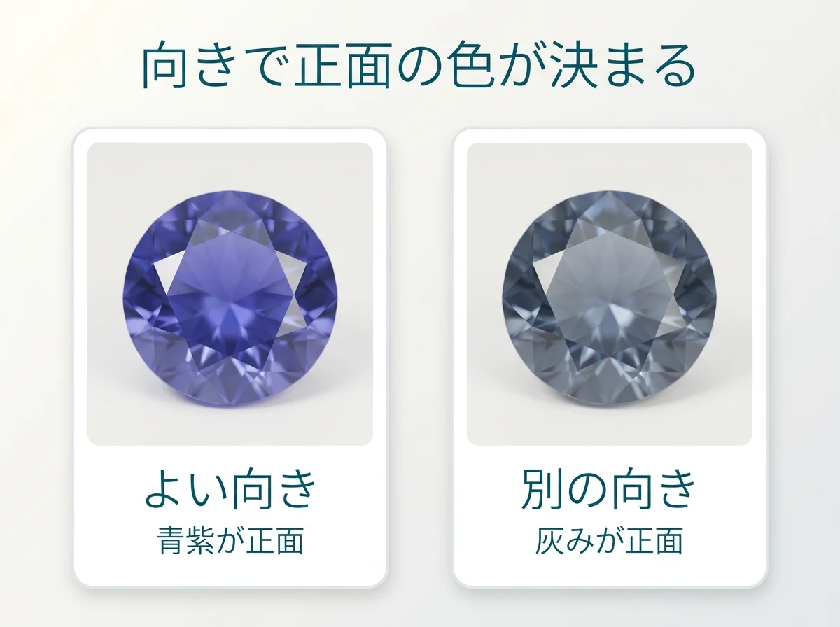 向きの取り方で正面の色が違って見えることを示した比較図