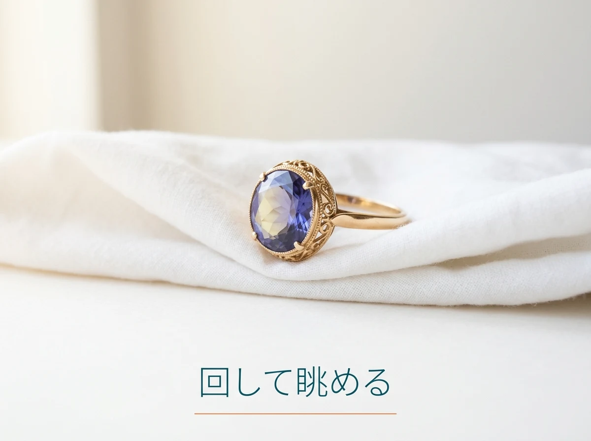 窓辺でアイオライトの指輪を回して眺めている場面