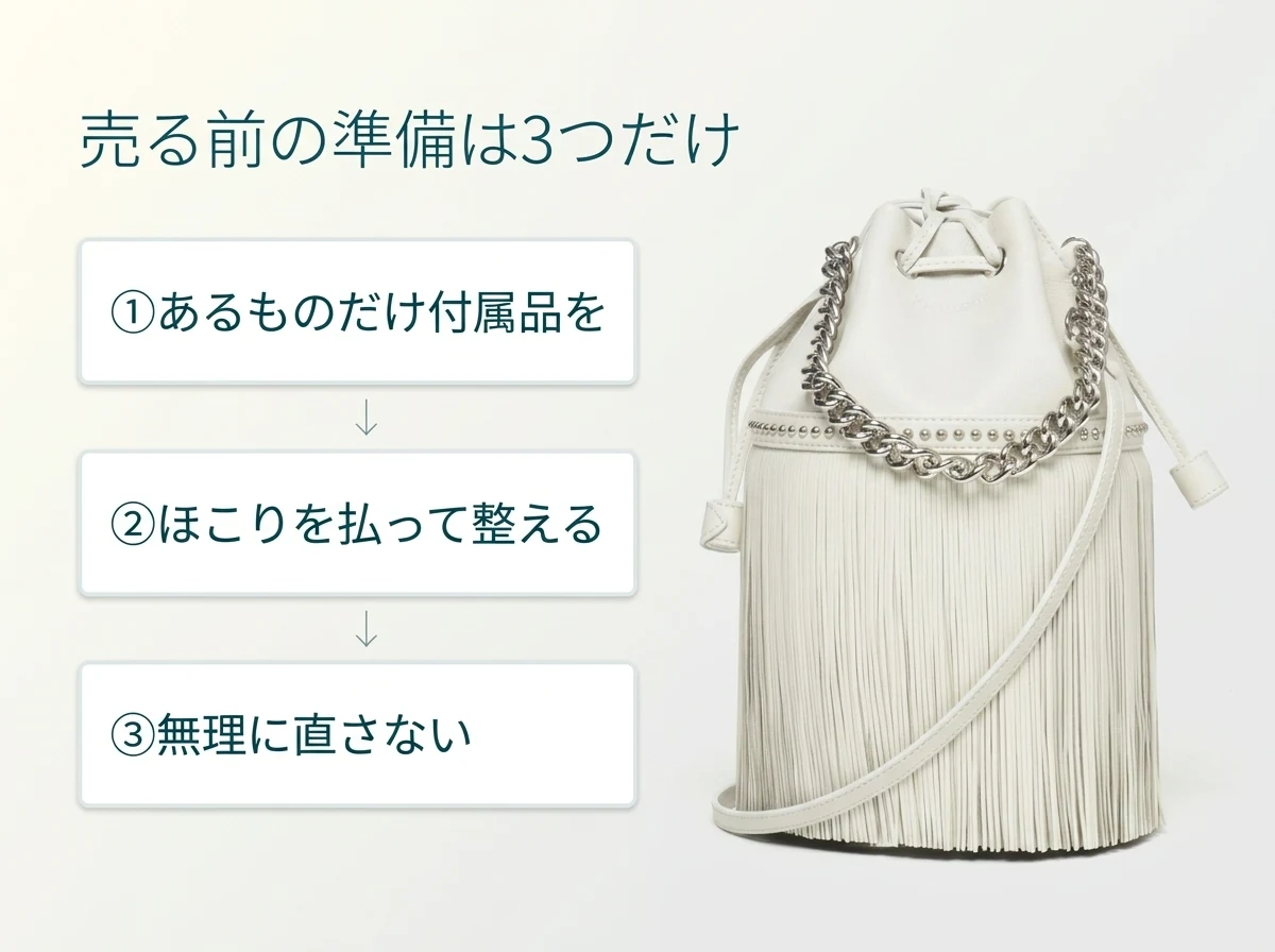 売る前の準備は、あるものだけ付属品をまとめる、ほこりを払って整える、無理に直さない、の3つです