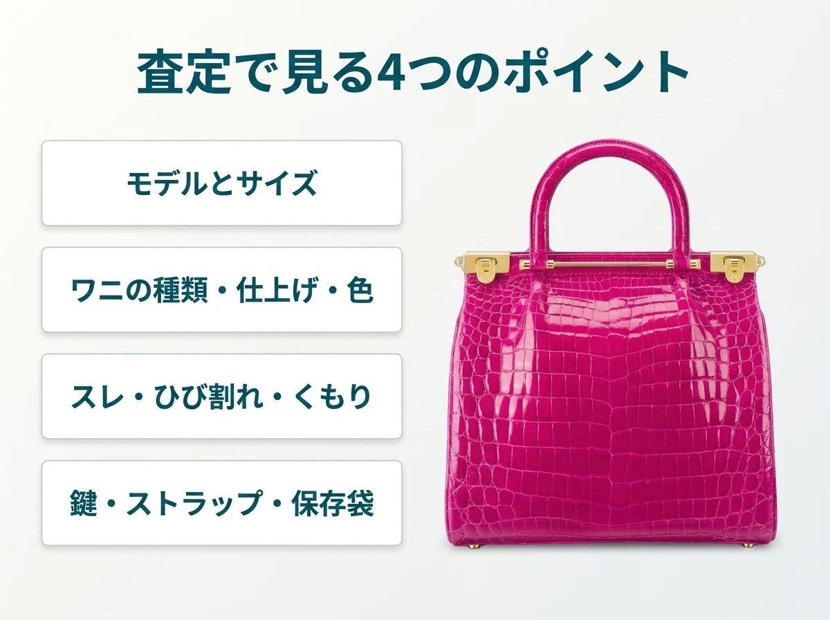 クワンペンの査定で見る4つのポイント。モデルとサイズ、ワニの種類・仕上げ・色、スレ・ひび割れ・くもり、鍵・ストラップ・保存袋