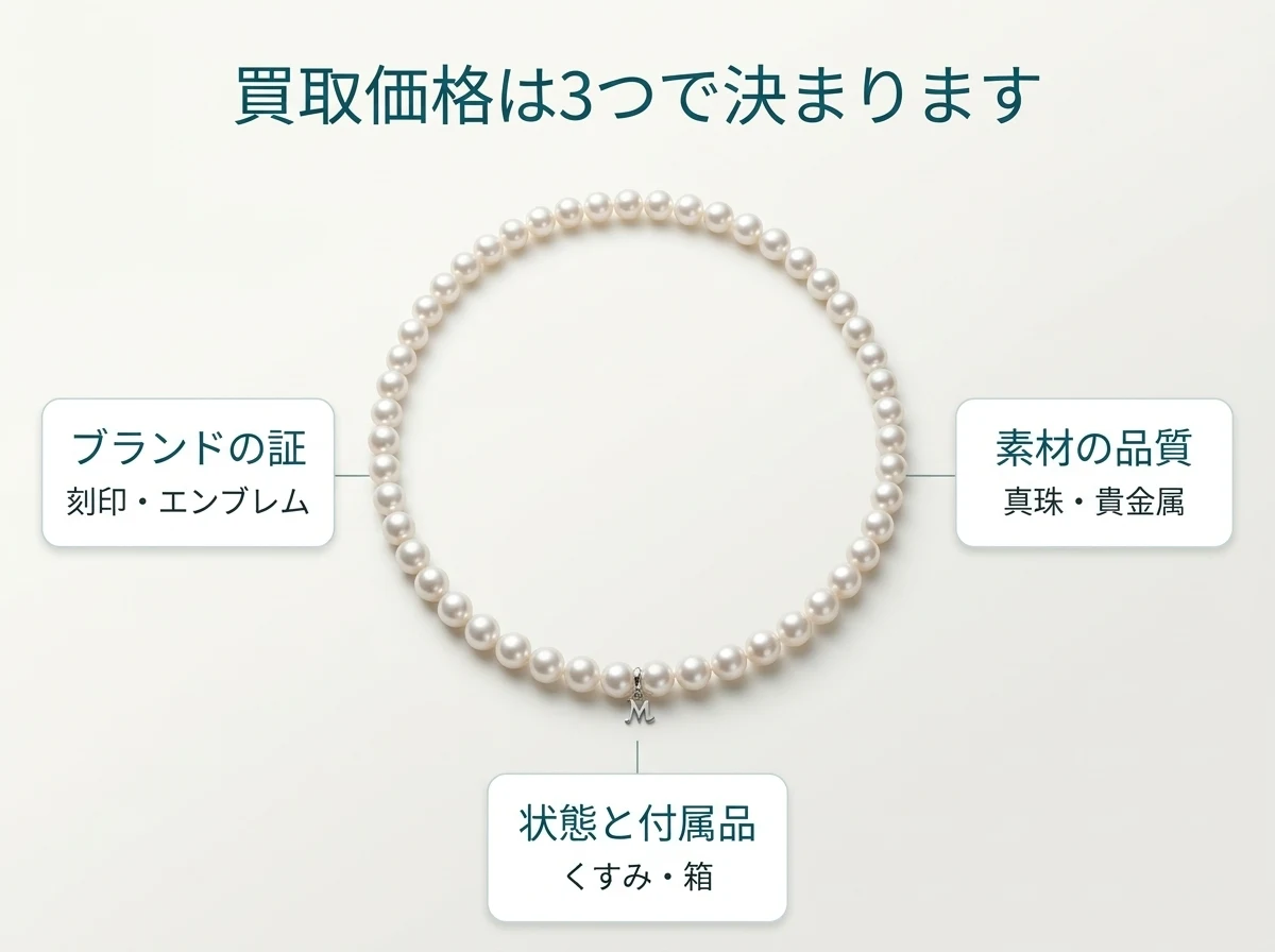 ミキモトの買取価格は、ブランドの証・素材の品質・状態と付属品の3つで決まります