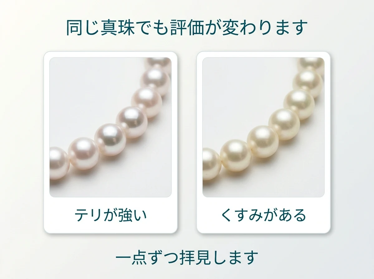 テリが強い真珠とくすみのある真珠。同じネックレスでも状態で評価が変わります
