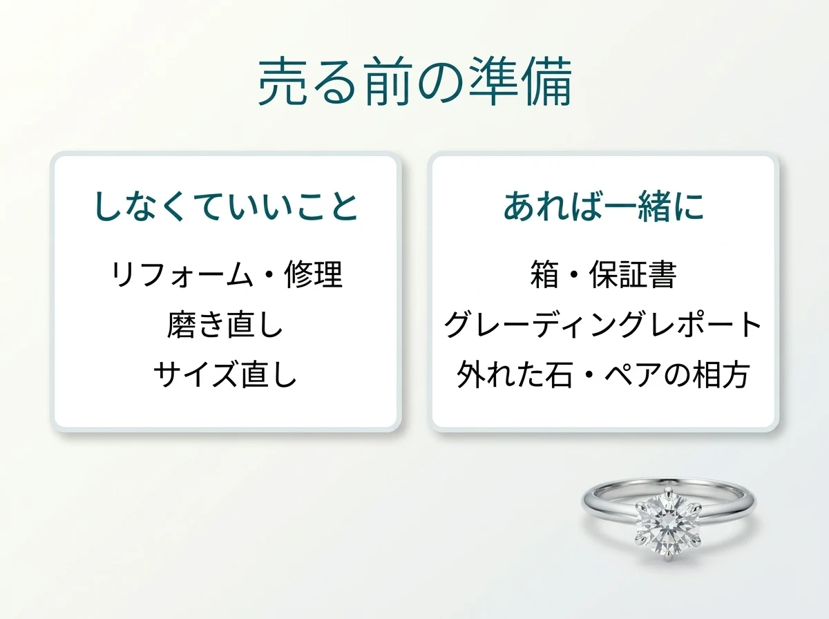 売る前の準備。リフォーム・修理・磨き直し・サイズ直しはしなくてよく、箱・鑑定書・外れた石・ペアの相方はあるものだけ一緒に