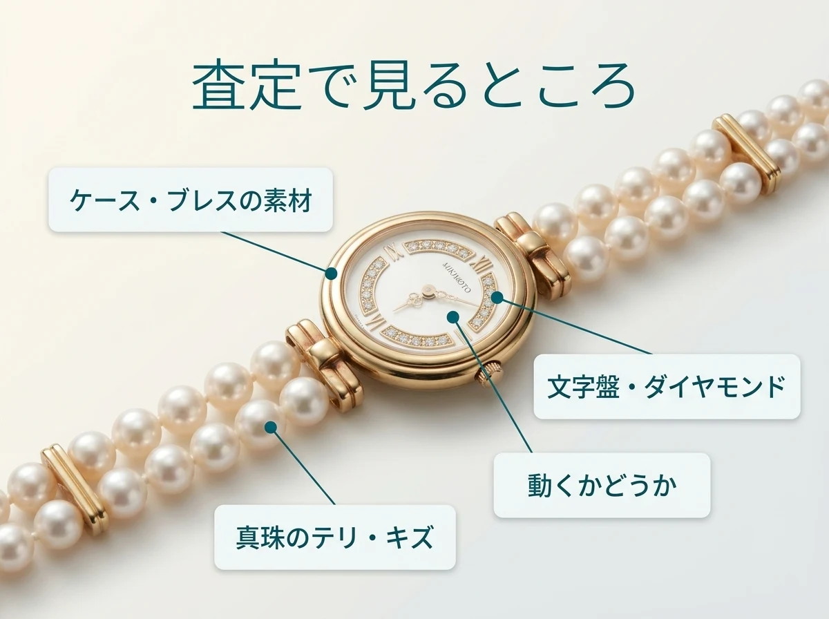 ミキモトの時計の査定で見るところ。ケースとブレスの素材、真珠のテリとキズ、文字盤とダイヤモンド、動くかどうか