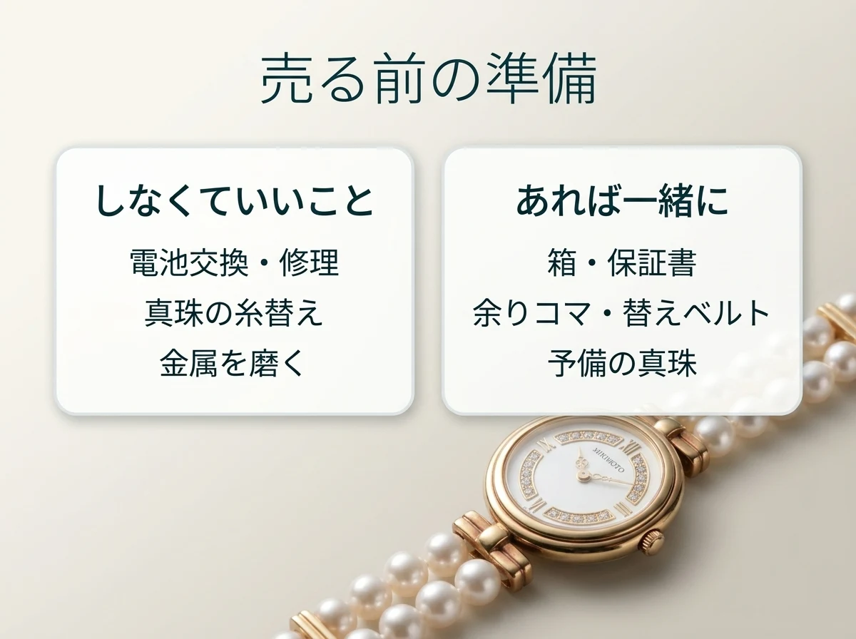 売る前の準備。電池交換・修理・糸替えはしなくてよく、箱・保証書・余りコマ・替えベルトはあるものだけ一緒に