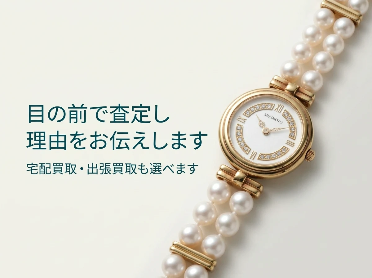 ミキモトの時計は、店頭なら目の前で査定し、その場で理由をお伝えします。宅配買取・出張買取も選べます