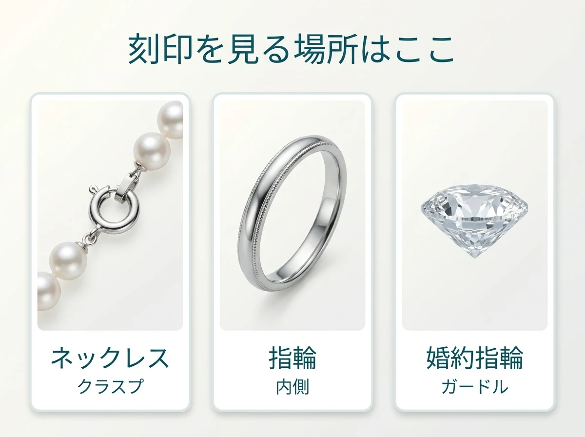 刻印を見る場所。パールネックレスはクラスプ、指輪は内側、婚約指輪はダイヤモンドのガードルです