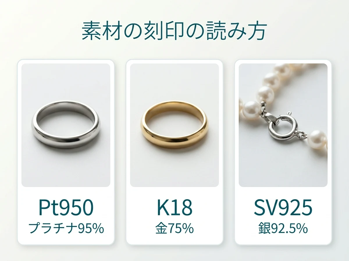 素材の刻印の読み方。Pt950はプラチナ95%、K18は金75%、SV925は銀92.5%です