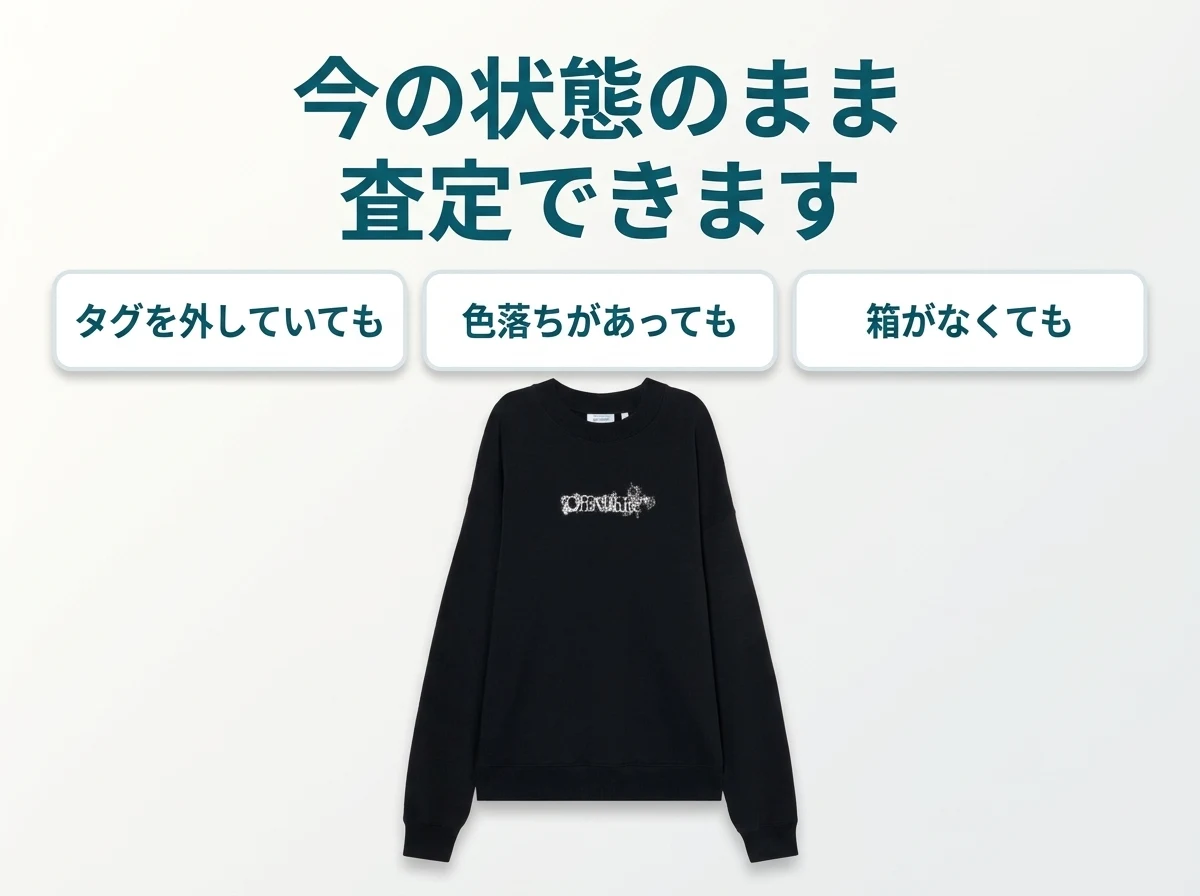 オフホワイトのパーカー・スニーカーは、タグを外していても、色落ちがあっても、箱がなくても今の状態のまま査定できます