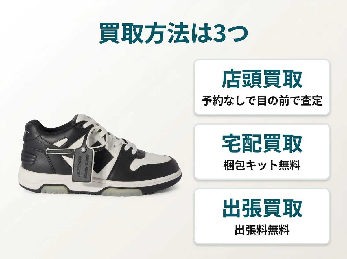 オフホワイトの買取方法は、店頭買取・宅配買取・出張買取の3つから選べます