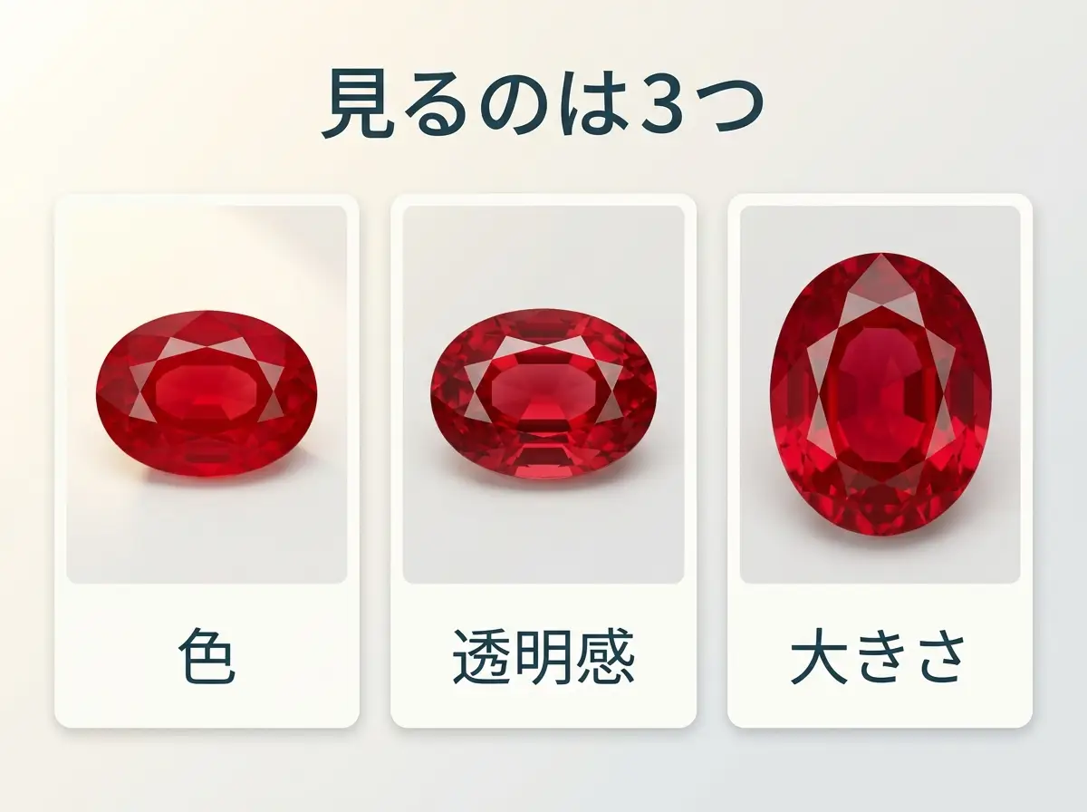 色・透明感・大きさという3つの見るところを3枚のカードで示した図