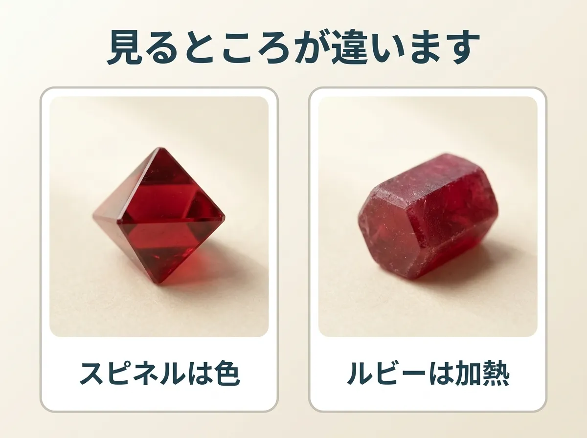 スピネルとルビーの結晶の形を2枚のカードで比べ、見るところの違いを示した図