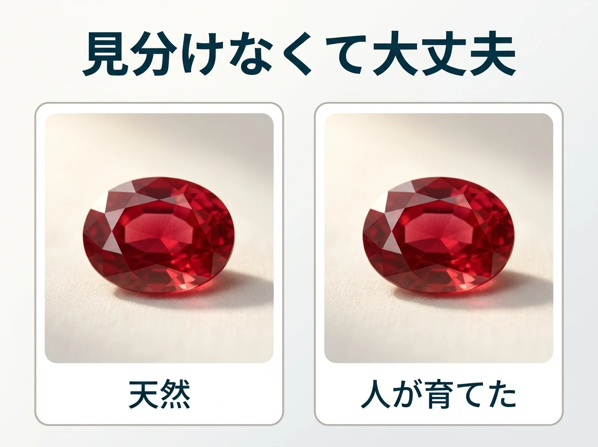 見た目が同じ2粒の赤い石を並べ、天然と合成が区別できないことを示した図