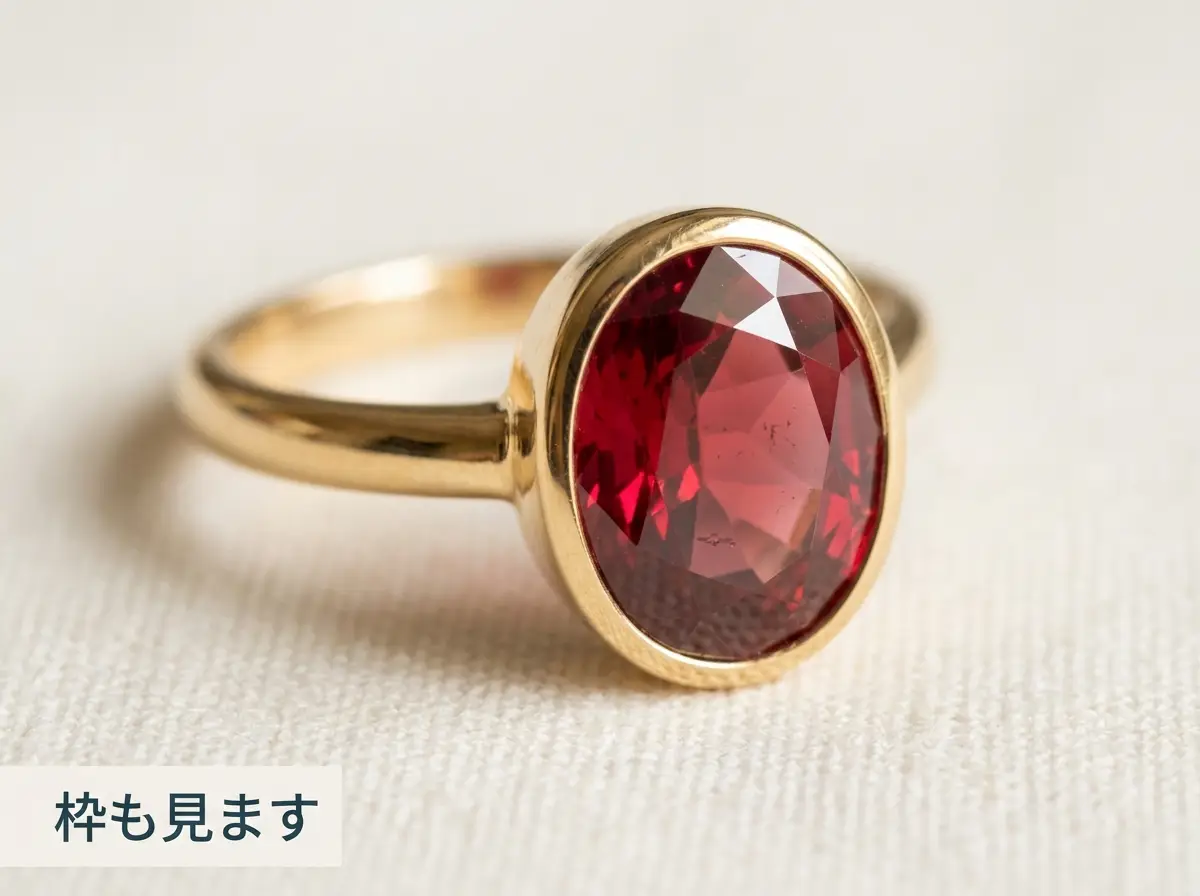 赤い石が留められた金の指輪を布の上に置き、枠の金が見えるように撮った写真