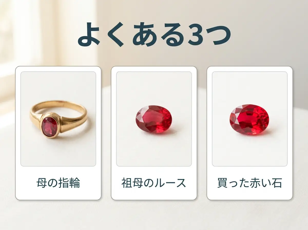 母の指輪・祖母のルース・ルビーとして買った赤い石の3つを並べた図