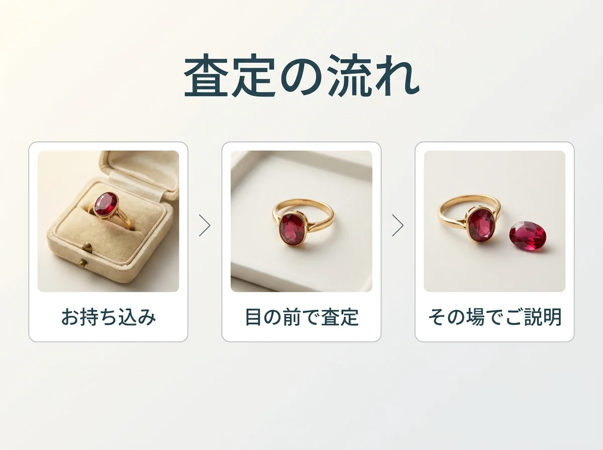 お持ち込み・目の前での査定・その場でのご説明という3段階を矢印でつないだ図