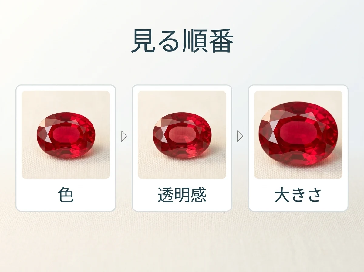 色・透明感・大きさの3つを矢印でつないで順番に並べた図