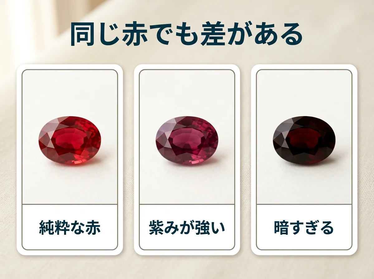 純粋な赤・紫がかった赤・暗く沈んだ赤の3粒を並べ、赤の中の差を示した図