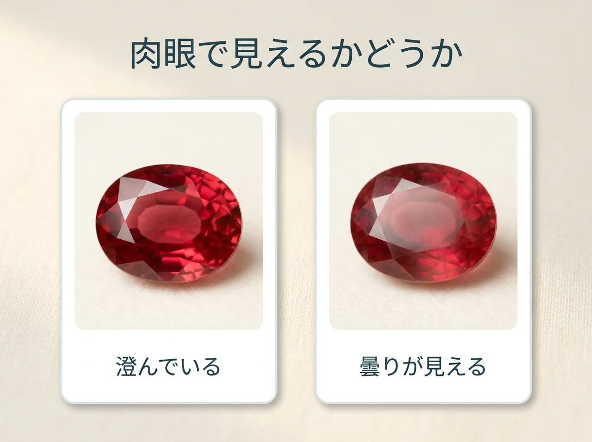 内包物が見えない澄んだ石と、肉眼で曇りが見える石を並べた図