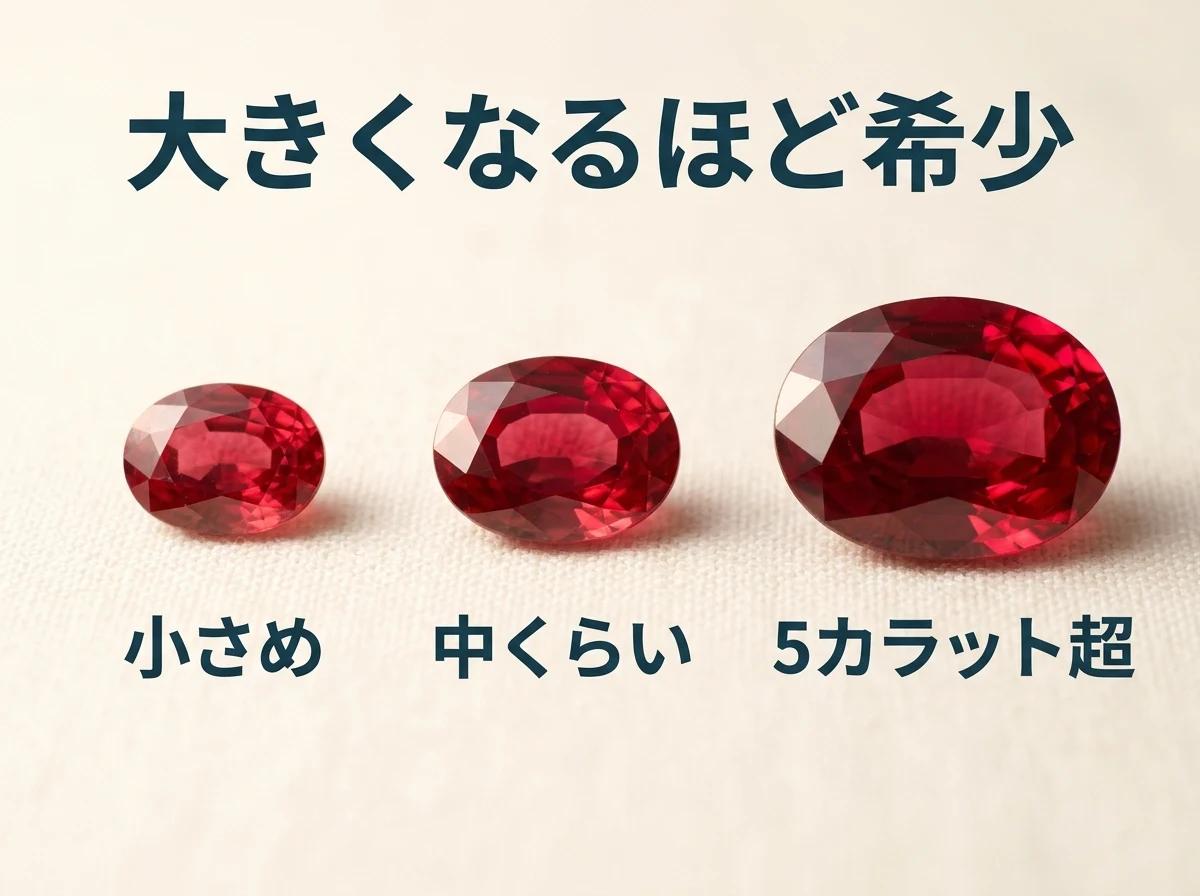 小・中・大の3粒のレッドスピネルを大きさ順に並べ、大きくなるほど希少になることを示した図