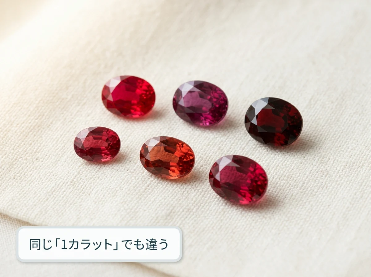 大きさも色も異なる複数のレッドスピネルを布の上に広げた写真