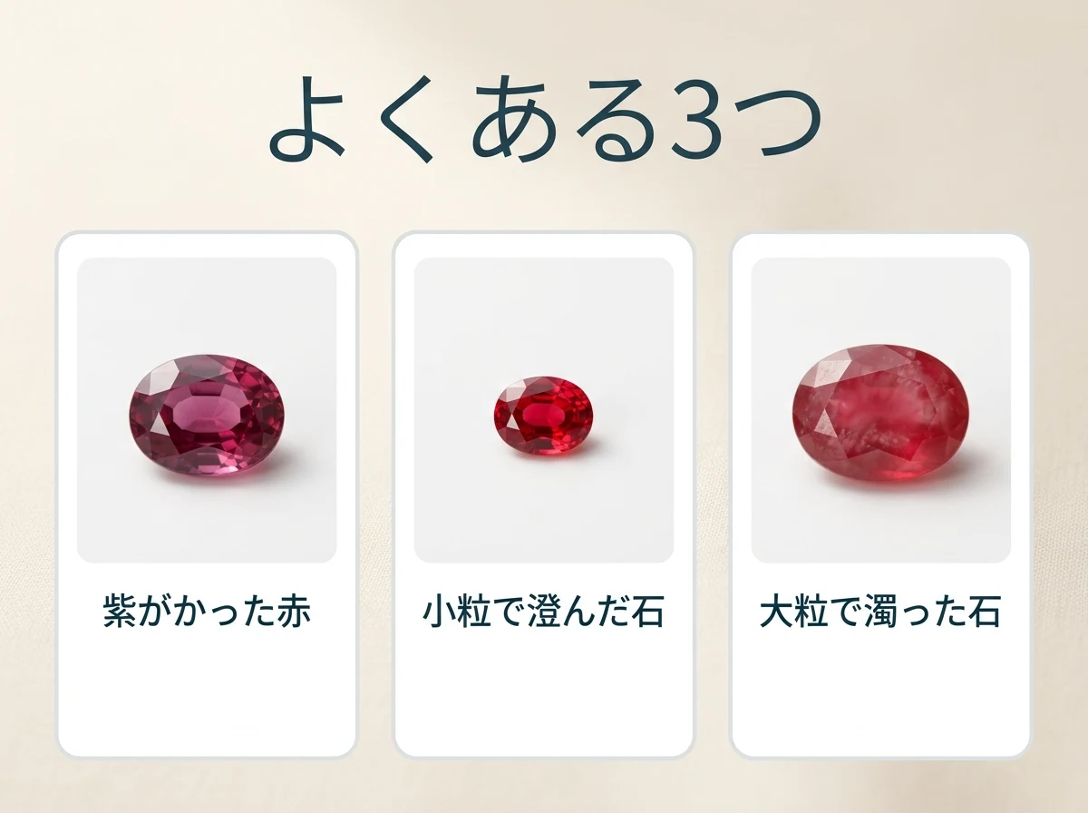 紫がかった赤・小粒で澄んだ石・大粒で濁った石の3粒を並べた図
