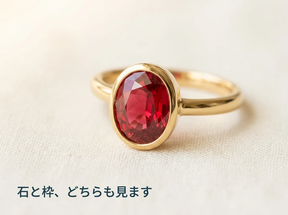 レッドスピネルを留めた金の指輪を布の上に置いた写真
