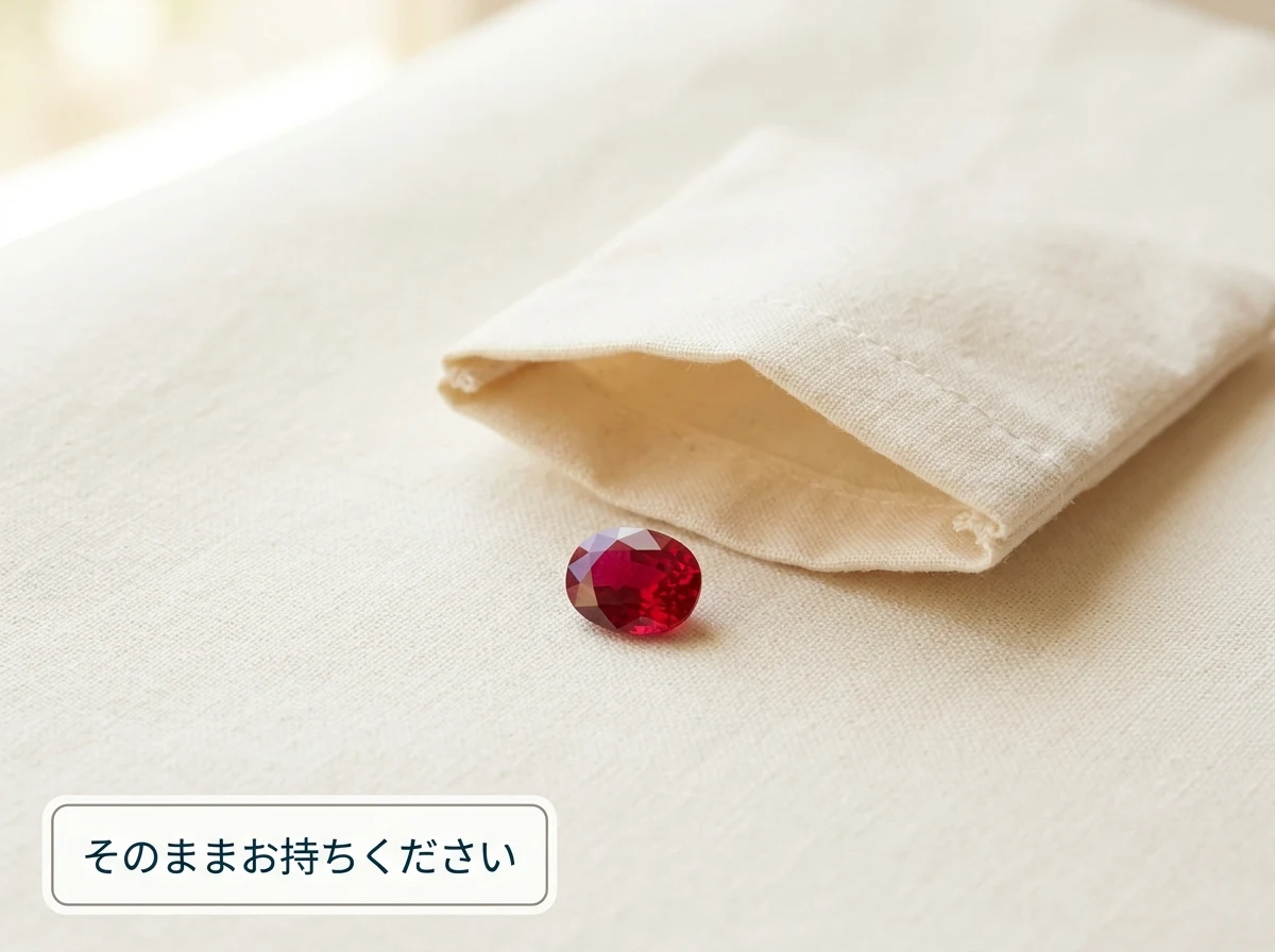 開いた小袋のそばに置かれた1粒のレッドスピネル