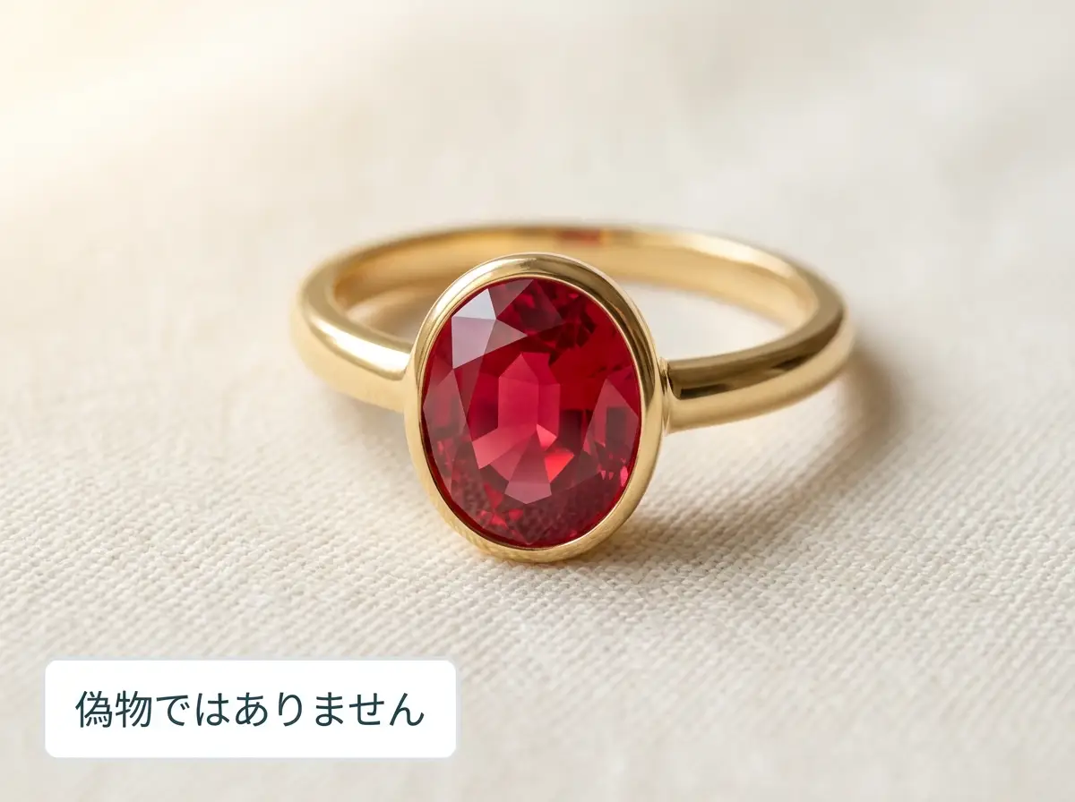 レッドスピネルの金の指輪をアイボリーの布の上に置いた写真